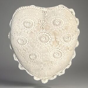 Pillow Heart Shaped Crocheted Cream Rustic 11" X 10" 70s Cushion Accent Open Bac
